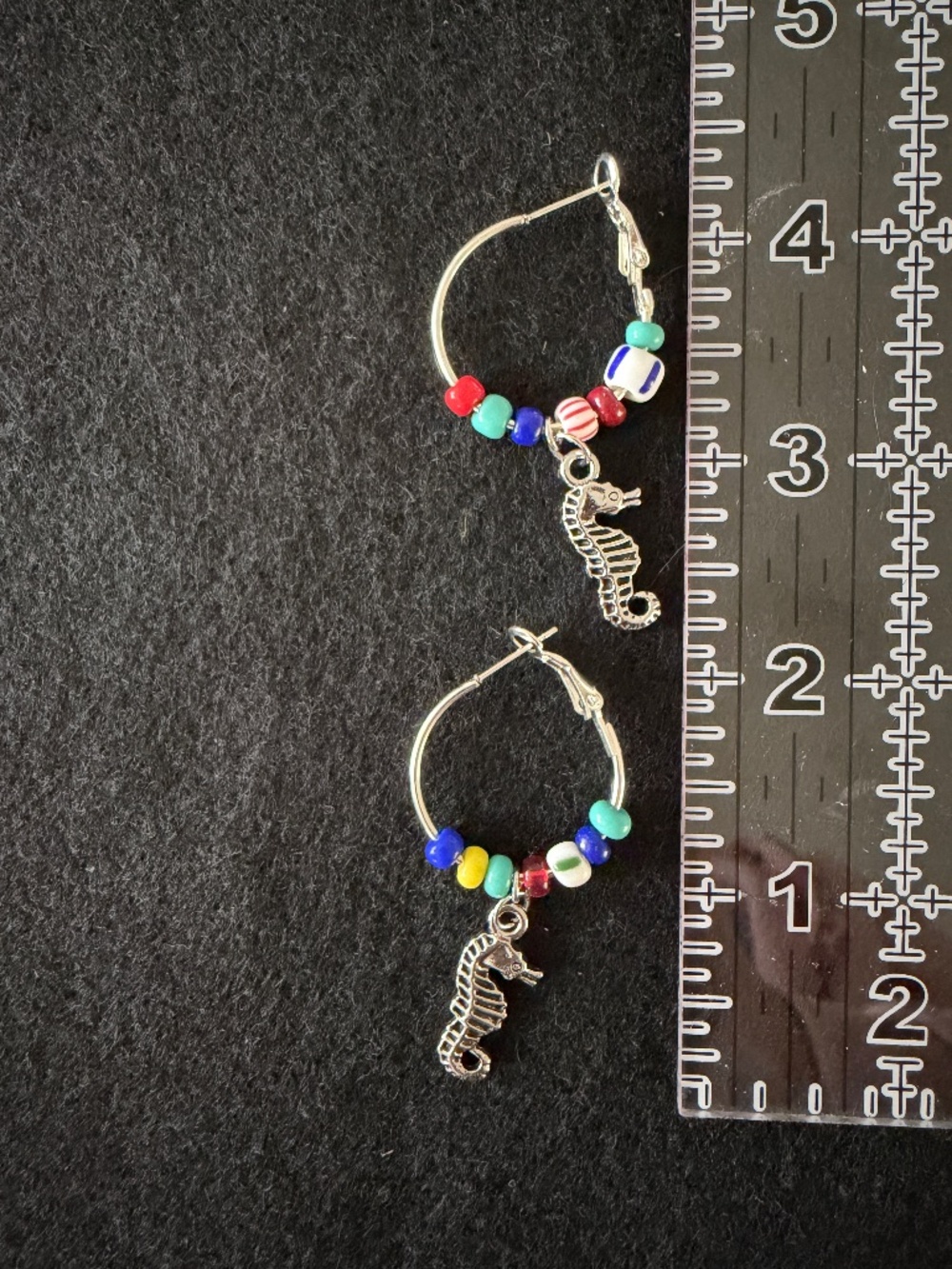 Earrings Silver Tone Hoop With Seahorse Charm Dangle And Beachy Color Beads 2"